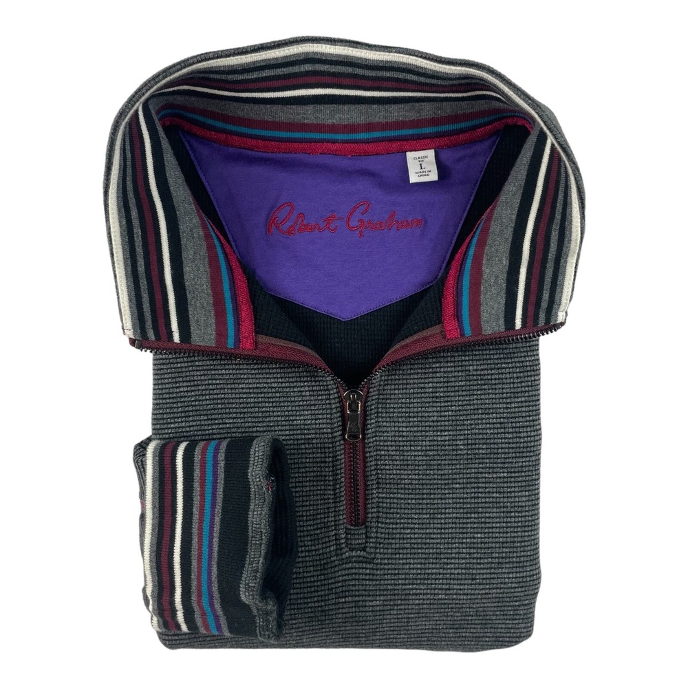 Robert Graham Mens Gray Thermal Knit Flip Cuff 1/2 Zip Pullover Sweater Size L